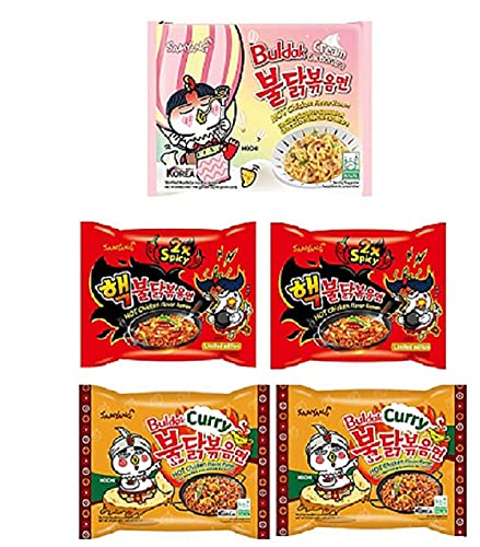 Samyang Buldak 2X Spicy Noodles 2 & Buldak Curry Spicy Noodles 2 &Cream Carbonora 1 Noodles (Pack of 5) (700gm) (Imported) Instant Noodles Non-vegetarian (5x140 g)(Combo Pack)