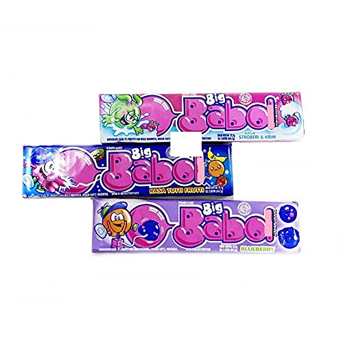 Big Babol Combo Flavor Chewing Gum (Blueberry, Rasa Tutti Frutti And Stroberi & Krim), 22.5g Each – Flavorful fun for everyone!