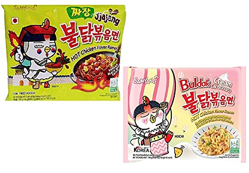 Sam Yang Buldak Jijang Noodles & Buldak Cream Carbonora Instant Noodles (Pack of 2) (280 grams) (Imported) Instant Noodles Non-vegetarian (2 x 140 grams)(Combo Pack)