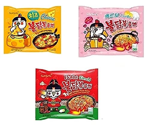 Samyang Korean Buldak Cheese Noodles PK1 & Buldak Carbo Noddles PK1 & Buldak Kimchi Pk1(420Gm)(Imported) Pack of 3 (Non - Vegetrian)