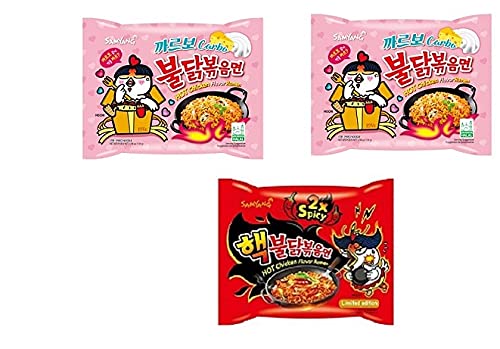 Samyang Korean Ramen Buldak Carbo Flavour Spicy Noodles PacK2 & Buldak Hot Chicken 2xSpicy Noodles PacK1(Pack of 3) (420gm) (Imported) Instant Noodles Non-vegetarian (3x140 g)(Combo Pack)