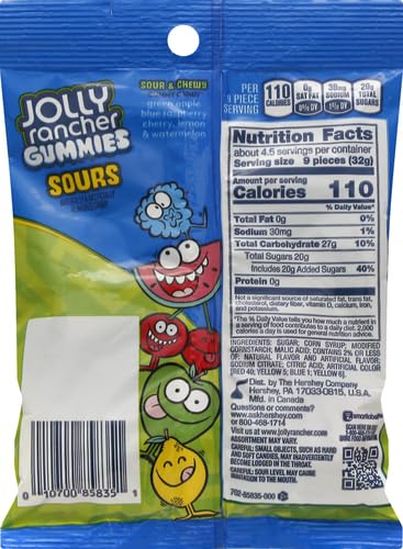 JOLLY RANCHER Gummies Sour Fruit Flavors Candy, 5 Oz, Blue & Green, 141g - Tangy and tasty JOLLY RANCHER Gummies Sour Fruit Flavors, 141g.