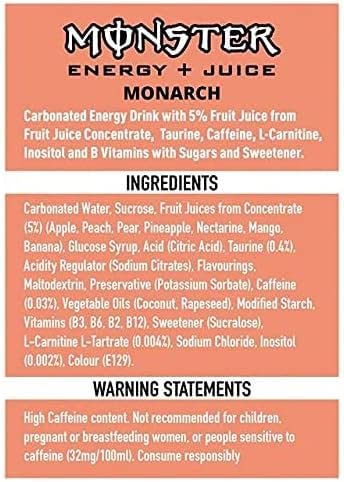 Monster Monarch Carbonated Energy Drink With A Fruity Taste Of Peach 500ml (Pack Of 12) - "Monarch Peach Bliss!"