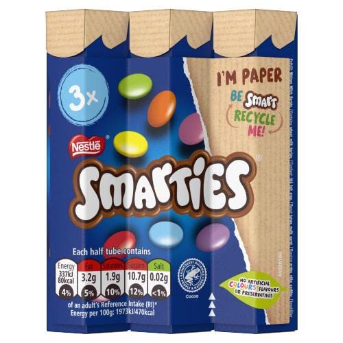 Smarties Tube Milk Chocolate In a Crispy Sugar Shell 34g × 3 (UK)