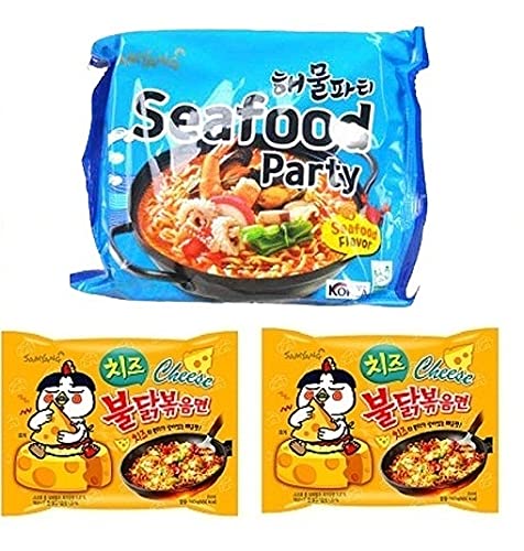 Samyang Cheese Noodles PK2 & Buldak Seafood Noodles PK1(Pack of 3) (420gm) (Imported) Instant Noodles Non-vegetarian (3x140 g)(Combo Pack)