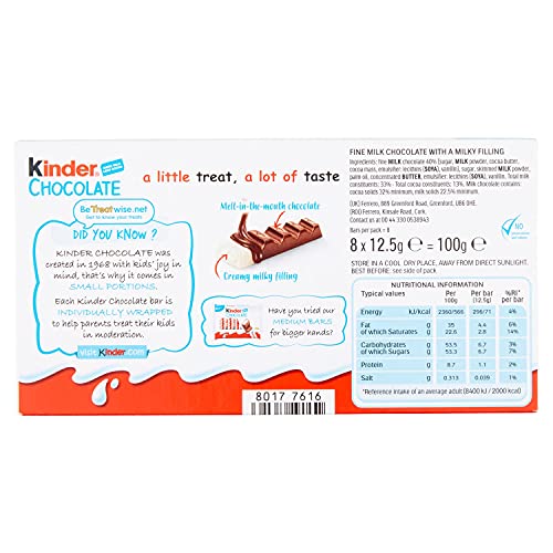 Kinder Chocolate 8 Bars, 100 g, Orange & White, (XGB320008) - Enjoy the classic taste of Kinder Chocolate in orange and white, 8 bars, 100g.