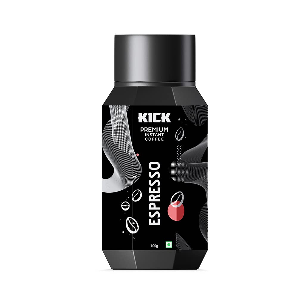 Kick Coffee | Premium Instant Coffee | Espresso Flavor | 100g | Makes 50+ cups - Experience the bold and intense flavor of espresso in Kick Coffee Premium Instant Coffee, 100g, makes 50+ cups.