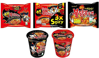 Samyang hot chicken buldak noodles super spicy multipack (pack of 5) spicy flavour, pack of 3 different flavors and 2 cups(2XSpicy140g,3XSpicy140gm,StireFried140Gm,2XCup70Gm,StireFriedCup70Gm) 560Gm