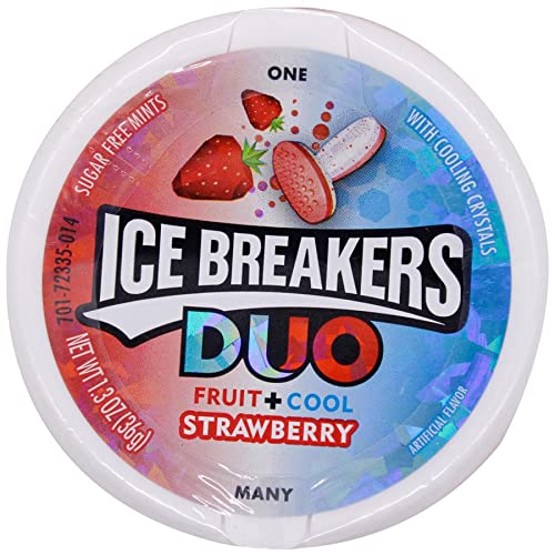 Ice Breakers Duo Fruit and Cool Strawberry Mints Pack of 4 Pouch, 4 x 36 g - Four packs of fruity cool strawberry mints, 36g each.