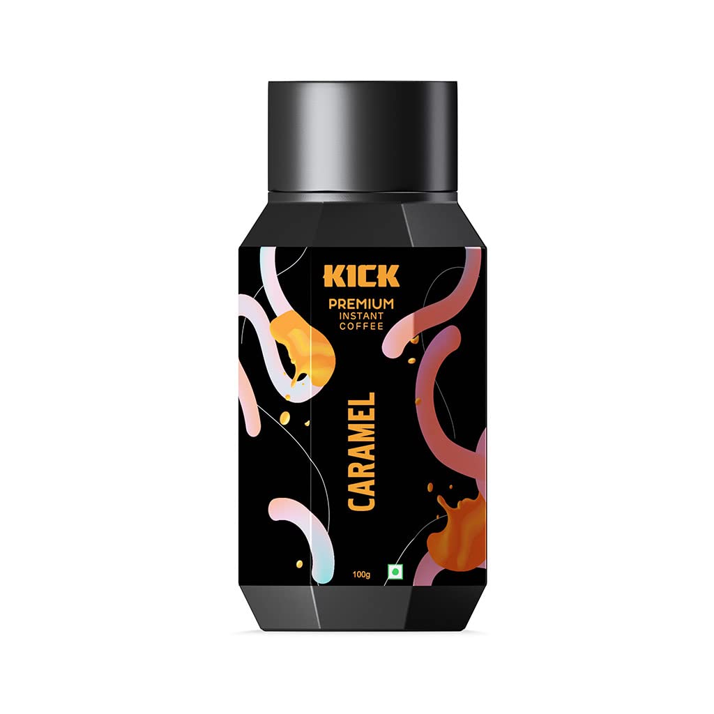 Kick Coffee | Premium Instant Coffee | Caramel Flavor | 100g | Makes 50+ cups - Indulge in the rich sweetness of caramel with Kick Coffee Premium Instant Coffee, 100g, makes 50+ cups.