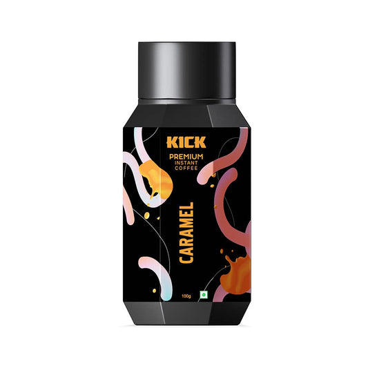 Kick Coffee | Premium Instant Coffee | Caramel Flavor | 100g | Makes 50+ cups - Indulge in the rich sweetness of caramel with Kick Coffee Premium Instant Coffee, 100g, makes 50+ cups.