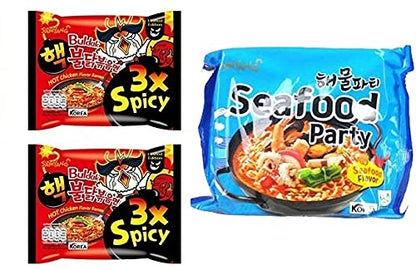 Samyang Buldak 3X Spicy Noodles 2 & Buldak Seafood 1 (Pack of 3) (420gm) (Imported) Instant Noodles Non-vegetarian (3x140 g)(Combo Pack)