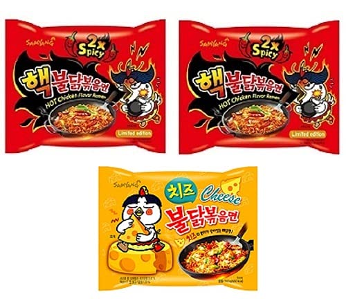 Samyang Buldak 2X Spicy Noodles 2 & Buldak Cheese 1 (Pack of 3) (420gm) (Imported) Instant Noodles Non-vegetarian (3x140 g)(Combo Pack)