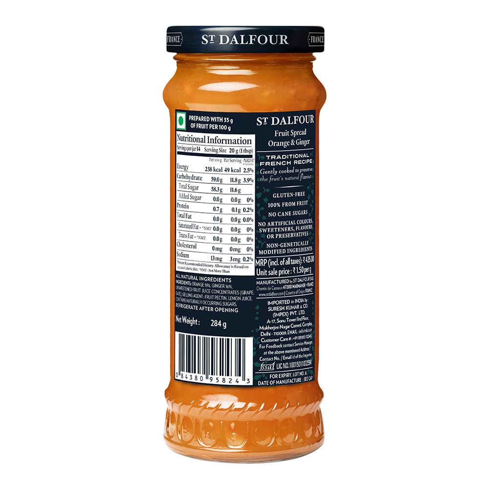 St Dalfour Orange & Ginger Fruit Spread 284 g | No Added Sugar | 100% from Fruit | No Added Preservatives, Colours, Flavors or Sweeteners | No Corn Syrup | Traditional French Recipe