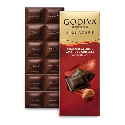 Godiva Signature Roasted Almond Dark Chocolate With Almond Pieces 90g - Delight in the rich and intense flavor of dark chocolate