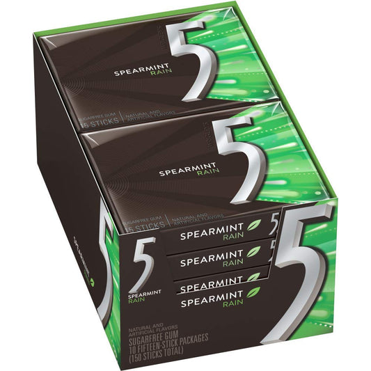 Wrigley's 5 Rain Spearmint Gum - Box of 10 Packs, 15 Sticks Each - Stay Fresh!