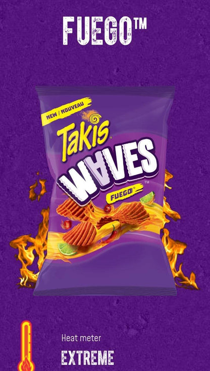 Takis Waves Fuego Hot Chili Pepper & Lime Potato Waves Chips, 71g, Imported from Mexico - Heat Up Your Snack Time!