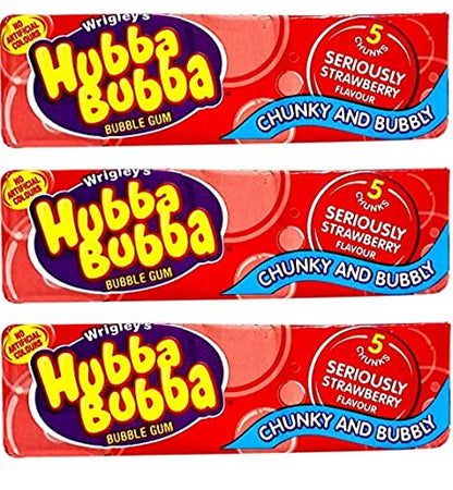 Hubba Bubba Bubble Gum Seriously Strawberry Chunky & Bubbly 5 Chunks 35g Pack Of 3 - Three packs of chunky, strawberry bubble gum, 35g each.