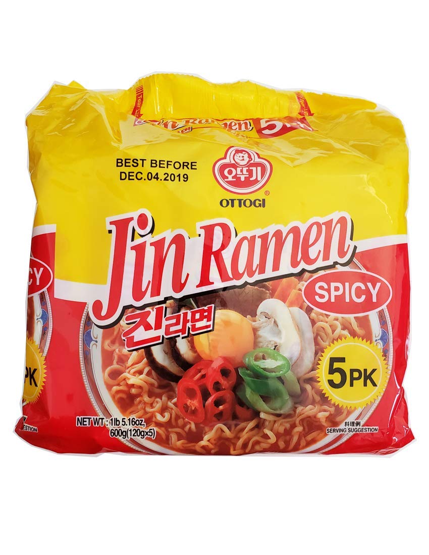 Ottogi Jin Ramen Korean Style Vegetarian Instant Noodles Spicy Flavor 120g, Pack of 5, The Product of Korea - "Spicy ramen delight!"