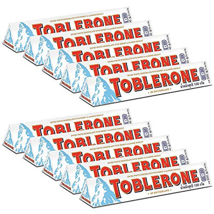 Toblerone of Switzerland White Chocolate with Honey and Almond Nougat - 10 Pack, 10 X 100 g