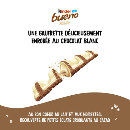 Kinder Bueno White Chocolate with Hazelnut (Pack of 3)39g - Treat yourself to the delicious combination of white chocolate and hazelnuts with Kinder Bueno, pack of 3, 39g each.