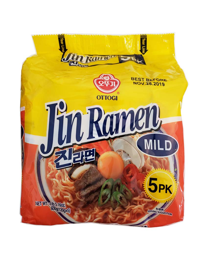 Ottogi Jin Ramen korean Style Instant Vegetarian Noodles Mild Flavor 120g, Pack of 5, The Product of Korea