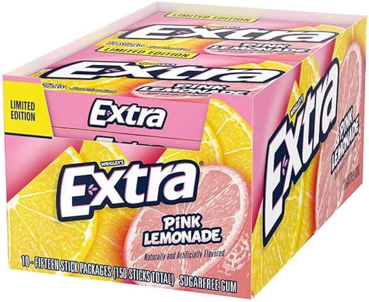 Extra Sugar-Free Chewing Gum 15-Sticks Each - Box of 10 (150 Sticks Total) (Pink Lemonade) - Pink lemonade pop!