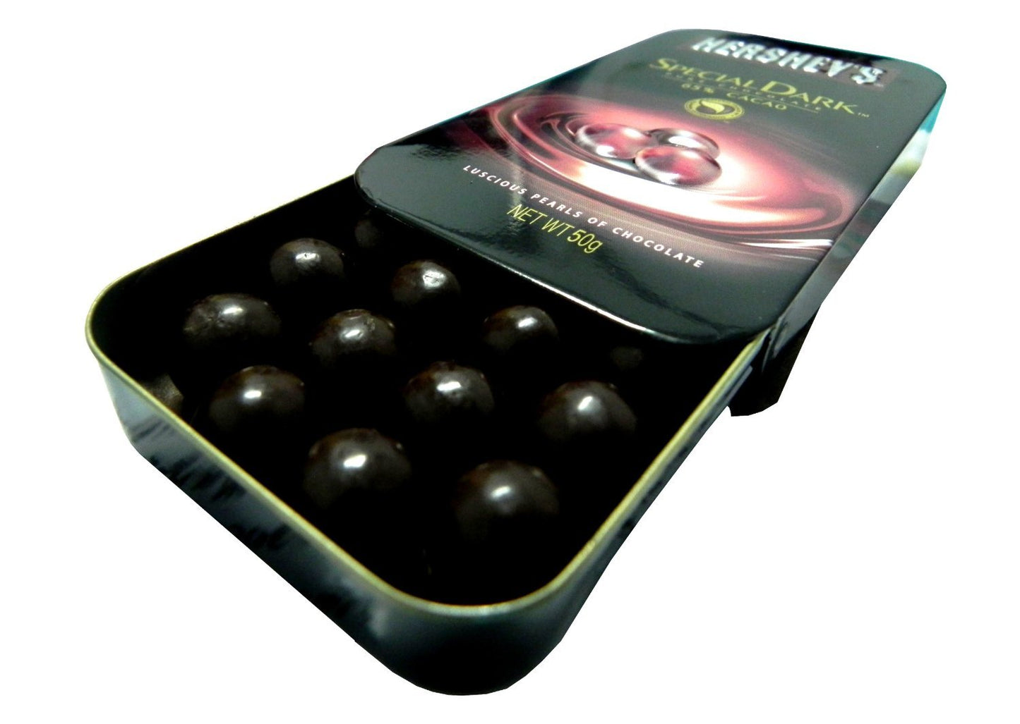 Hersheys Special Dark Pure Chocolate Luscious Pearls 50g Tin Pack! - Luscious dark chocolate pearls in a 50g tin, pure and delightful.