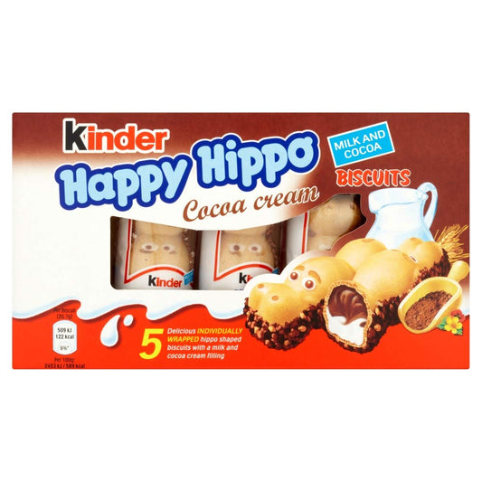 Kinder Happy Hippo Milk & Cocoa Cream - 5 Biscuits 103g - Delight in the adorable and delicious Kinder Happy Hippo Milk & Cocoa Cream, 5 Biscuits, 103g.