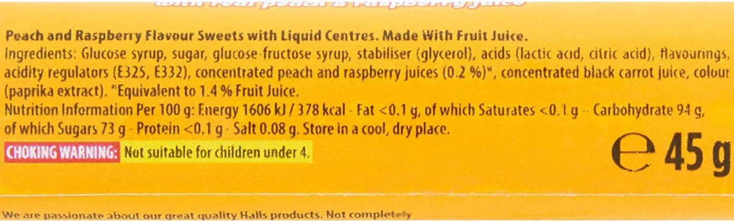 Halls Soother Peach & Raspberry Flavour 45g - A delightful blend of peach and raspberry flavors.