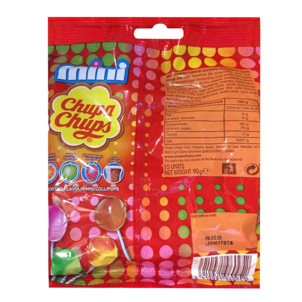 Chupa Chups Mini Assorted Fruit Flavour 15 Lollipops, 90g - Mini fruit lollipops