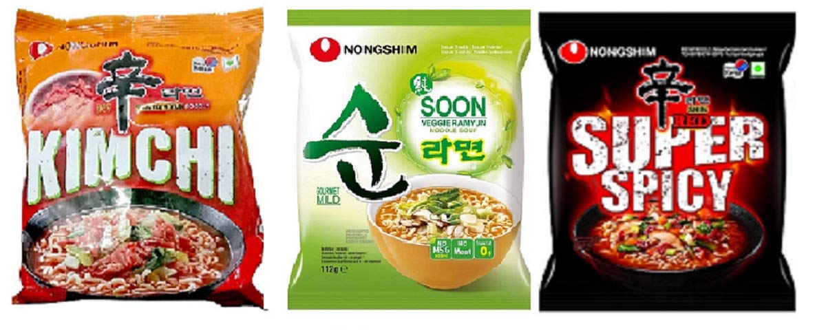 Nongshim Red Super Spicy, Veggie Noodles & Kimchi Instant Noodles 120gm*3Pack (Pack of 3) (Imported) - "Nongshim Red Super Spicy Veggie & Kimchi - 3 Pack, 120g Each of Fiery Noodle Fun!"