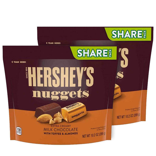 Hershey's Nuggets Milk Chocolate with Toffee & Almonds, 2 x 289 g - Double the delight with two packs of toffee and almond milk chocolate nuggets, 289g each.