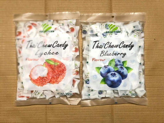 HAOLIYUAN Thai CHEW Candy Combo Pack of 2 (Lychee + Blueberry) - A delightful combination of lychee and blueberry flavored chew candies.