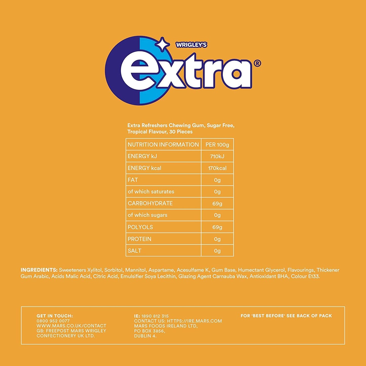 Wrigley's Extra Refreshers Chewing Gum, Sugar-Free, Tropical Flavour - 30 Pieces, 67g - Tropical Bliss in Every Chew!