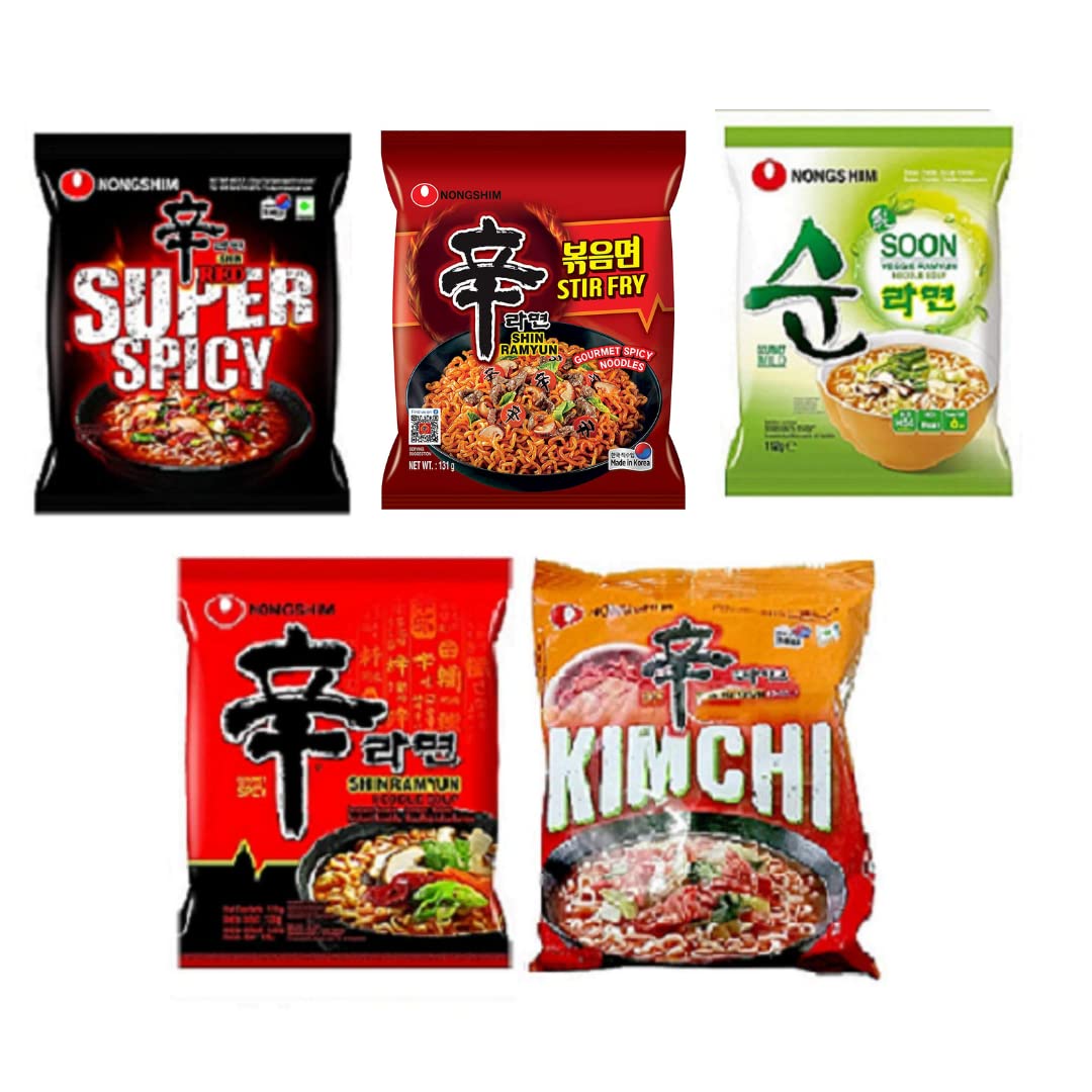 NOTTACIA Nongshim Shin Ramyun, Red Super Spicy,Stir Fry, Kimchi & Veggie Instant Noodles 120Gm*5Pack (Pack Of 5) (Imported), 120 Grams - "Ultimate spicy satisfaction!"