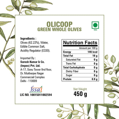 Olicoop Green Whole Olives 450g + Black Whole Olives 450g, Pack of 1 Each, Produced in Spain - "Spanish olives duo!"