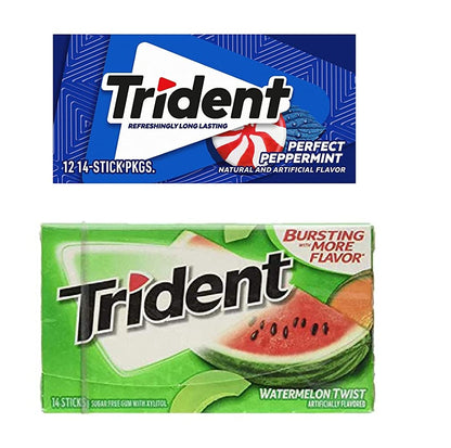 Trident Sugar Free Chewing Gum Perfect Peppermint Flavor, 14 Sticks, 26 g And Watermelon Flavor, 14 Sticks, 26 g