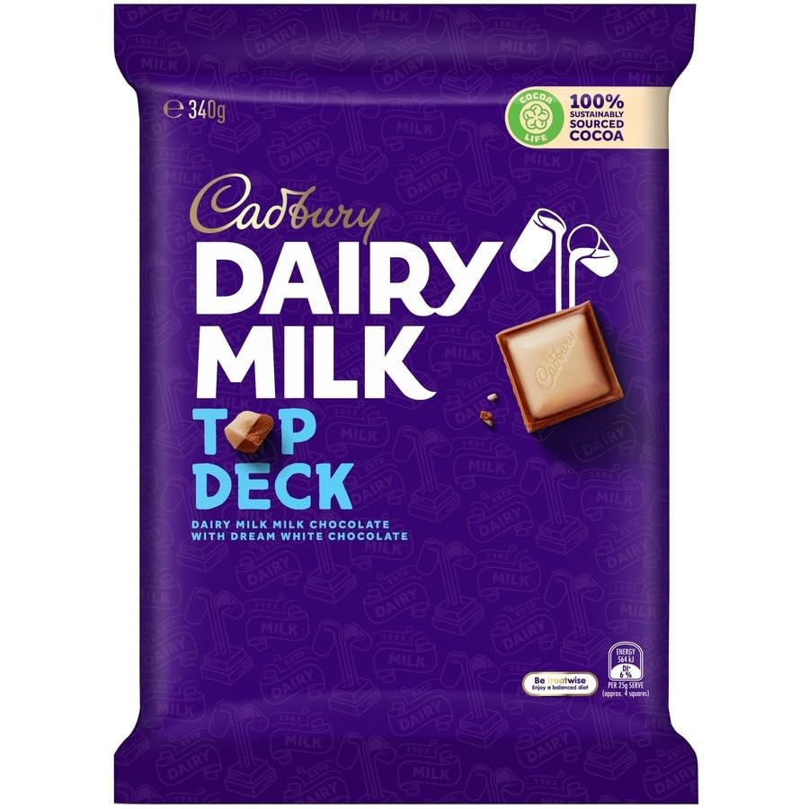 Indulge in Harmony with Cadbury Dairy Milk Top Deck - Large 340g Chocolate Block, a Perfect Fusion of Creamy Milk Chocolate and Dreamy White Chocolate Layers - Cadbury Dairy Milk Top Deck, 340g of milk and white chocolate fusion.