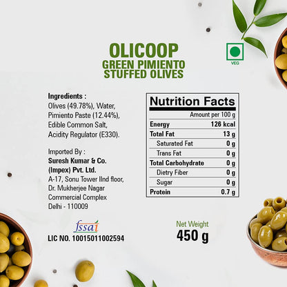 Olicoop Green Stuffed Olives 450g + Green Pitted Olives 450g, Pack of 1 Each, Produced in Spain, for Authentic Taste in Cooking, Snacking, Pizzas toppings or Italian Pastas Ingredient