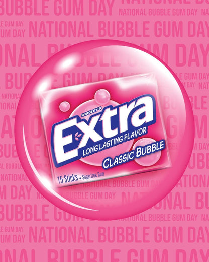 Wrigley's Extra Classic Bubble Sugar-Free Gum - 15 Sticks, Pack of 2 - Double the Classic Bubble Fun!