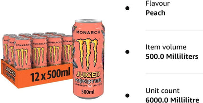 Monster Monarch Carbonated Energy Drink With A Fruity Taste Of Peach 500ml (Pack Of 12) - "Monarch Peach Bliss!"