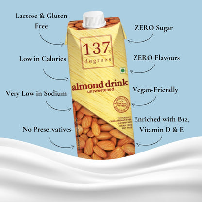 137 Degrees Almond Drink Unsweetened 1 Litre - Non-Dairy, Vegan, Lactose-Free, Gluten-Free (Pack of 2) - Double the Delight!