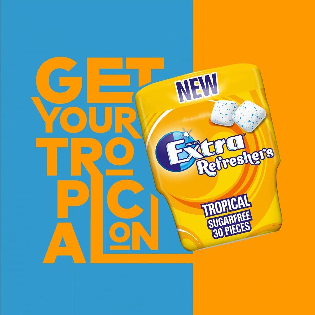 Wrigley's Extra Refreshers Chewing Gum, Sugar-Free, Tropical Flavour - 30 Pieces, 67g - Tropical Bliss in Every Chew!