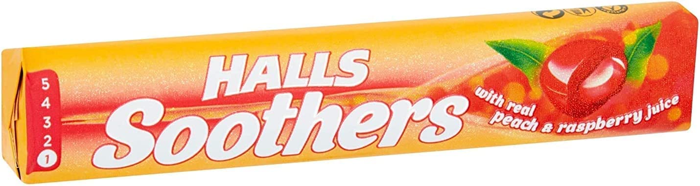 Halls Soother Peach & Raspberry Flavour 45g - A delightful blend of peach and raspberry flavors.