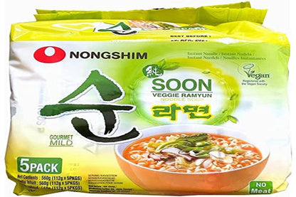 Nongshim Soon Veggie Ramyun Noodle Soup, 5 Pack, 19.75 oz â„® 560 g - "Deliciously vegetarian!"