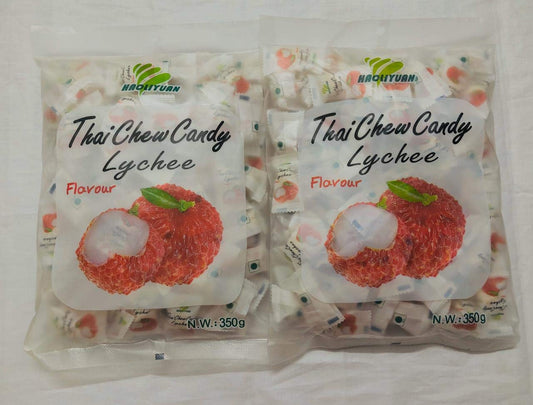 HAOLIYUAN Thai CHEW Candy Lychee 350g (Pack of 2) - Two packs of lychee flavored chew candy for a fruity treat.