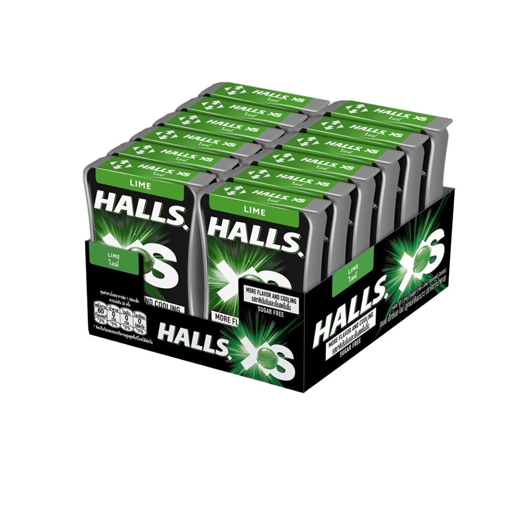 Halls XS Flavored Sugar Free Candy 13.8g Each - Pack of 12 (Lime) - Refreshing lime-flavored sugar-free candy.