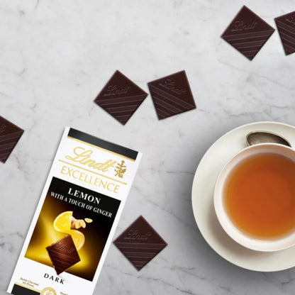 Lindt Excellence Lemon Citron with A Touch Of Ginger Dark Chocolate Bar, 100g, White, Black & Yellow