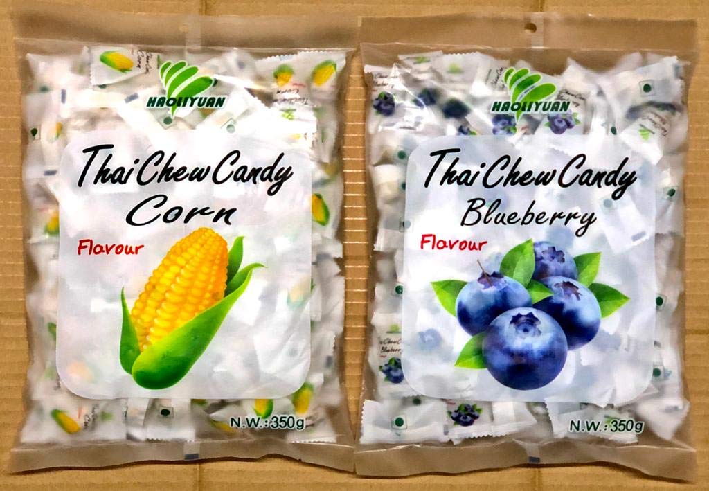 HAOLIYUAN Thai CHEW Candy Combo Pack of 2 (Corn + Blueberry) - Enjoy the unique flavors of corn and blueberry in one pack.